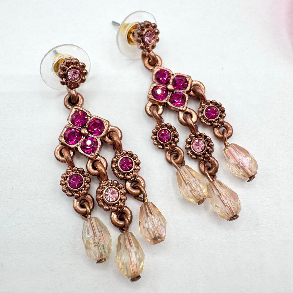 Vintage 1928 Chandelier Earrings Fuchsia Pastel Pink Rhinestones Rose Gold Tone